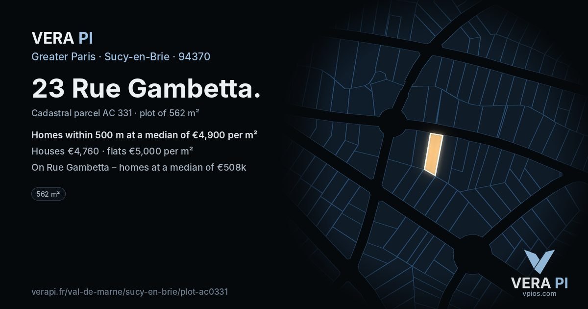 23 Rue Gambetta, Sucy-en-Brie at night – the plot lit, the parcels around coloured by the prices near them
