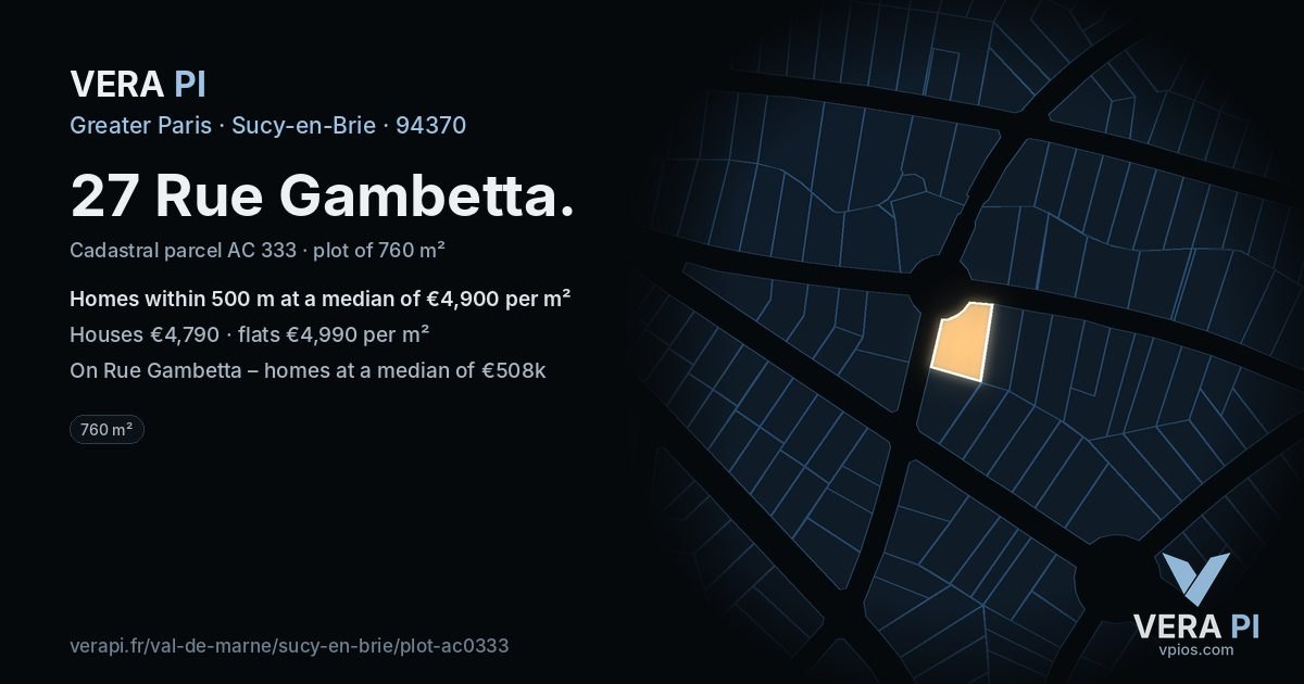 27 Rue Gambetta, Sucy-en-Brie at night – the plot lit, the parcels around coloured by the prices near them