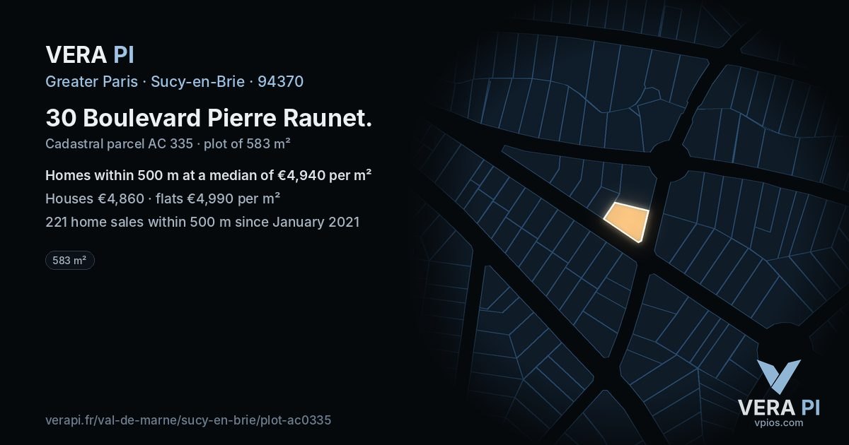 30 Boulevard Pierre Raunet, Sucy-en-Brie at night – the plot lit, the parcels around coloured by the prices near them