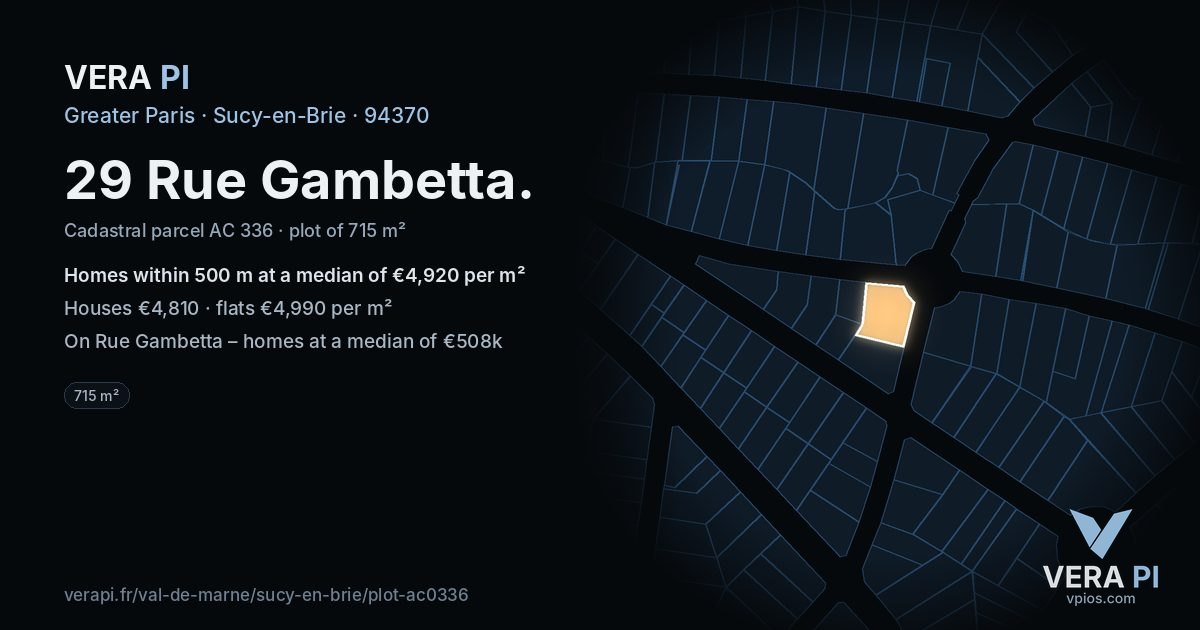 29 Rue Gambetta, Sucy-en-Brie at night – the plot lit, the parcels around coloured by the prices near them