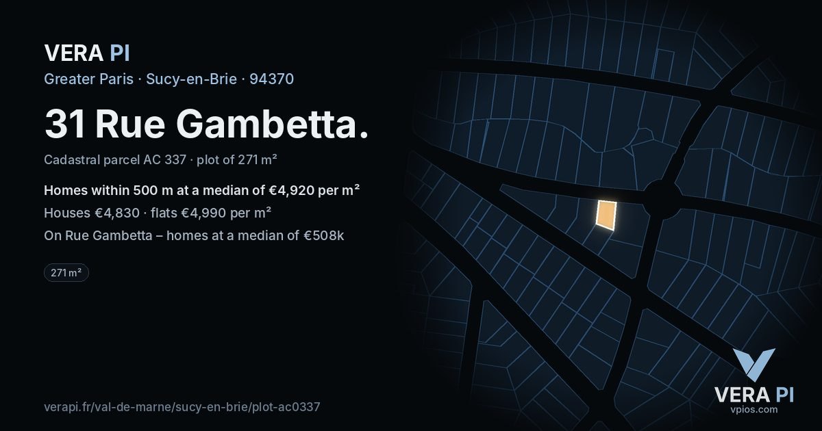 31 Rue Gambetta, Sucy-en-Brie at night – the plot lit, the parcels around coloured by the prices near them