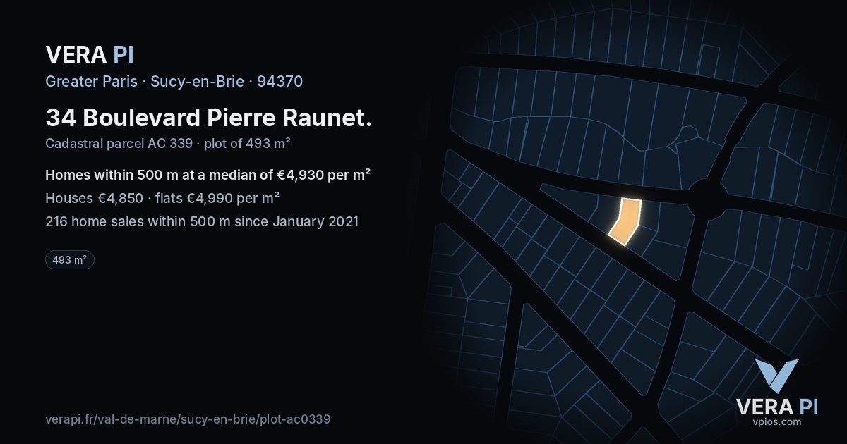 34 Boulevard Pierre Raunet, Sucy-en-Brie at night – the plot lit, the parcels around coloured by the prices near them