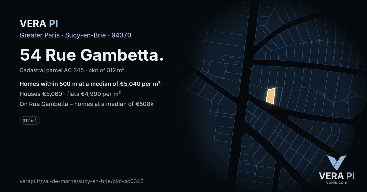 54 Rue Gambetta, Sucy-en-Brie at night – the plot lit, the parcels around coloured by the prices near them