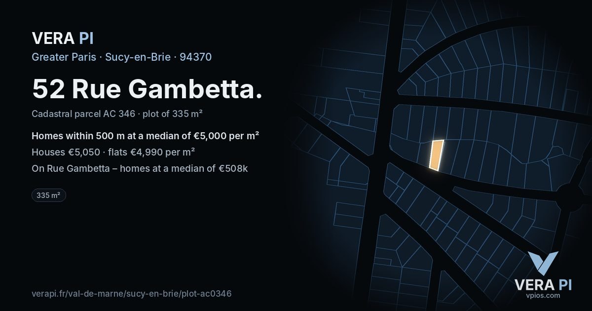 52 Rue Gambetta, Sucy-en-Brie at night – the plot lit, the parcels around coloured by the prices near them