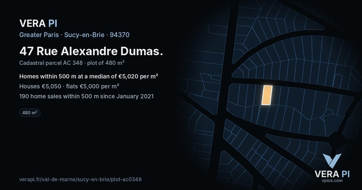 47 Rue Alexandre Dumas, Sucy-en-Brie at night – the plot lit, the parcels around coloured by the prices near them