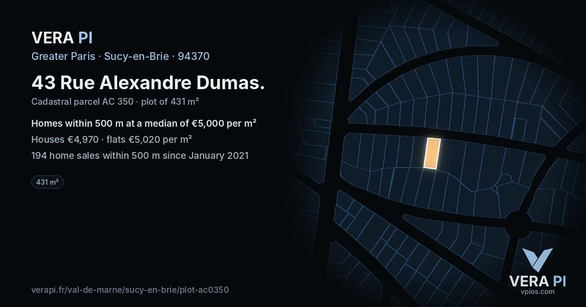 43 Rue Alexandre Dumas, Sucy-en-Brie at night – the plot lit, the parcels around coloured by the prices near them
