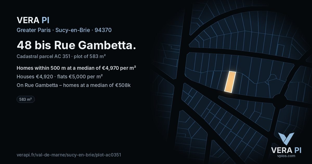 48 bis Rue Gambetta, Sucy-en-Brie at night – the plot lit, the parcels around coloured by the prices near them