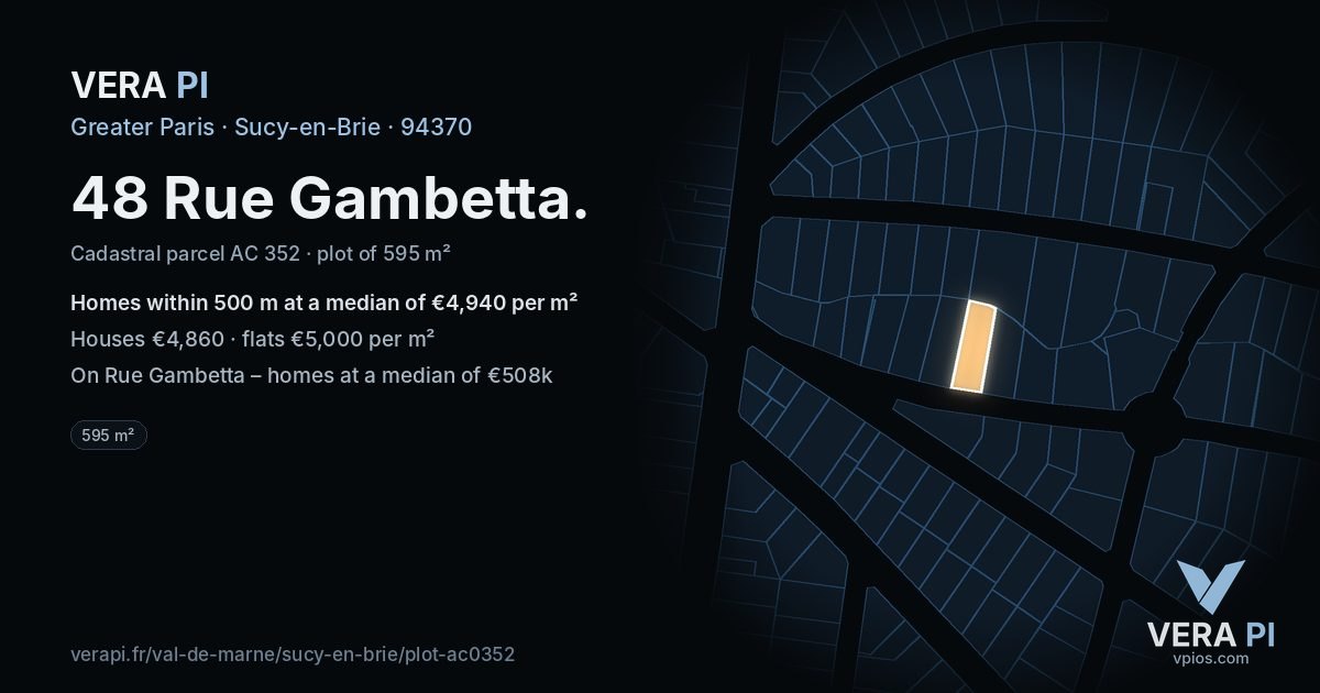 48 Rue Gambetta, Sucy-en-Brie at night – the plot lit, the parcels around coloured by the prices near them