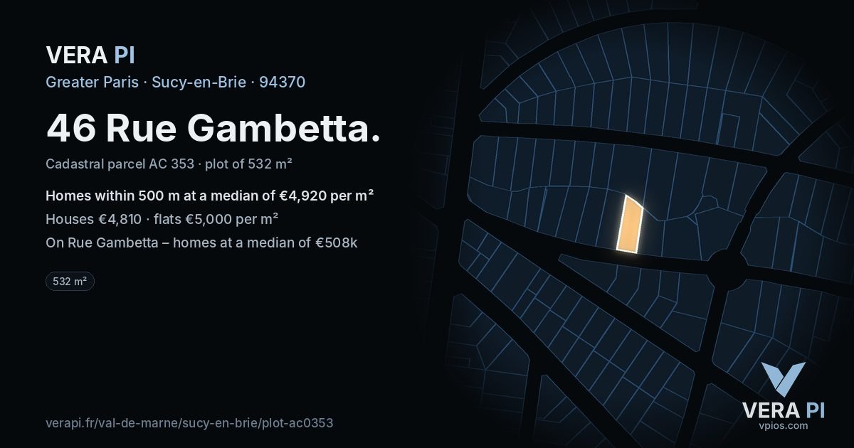 46 Rue Gambetta, Sucy-en-Brie at night – the plot lit, the parcels around coloured by the prices near them