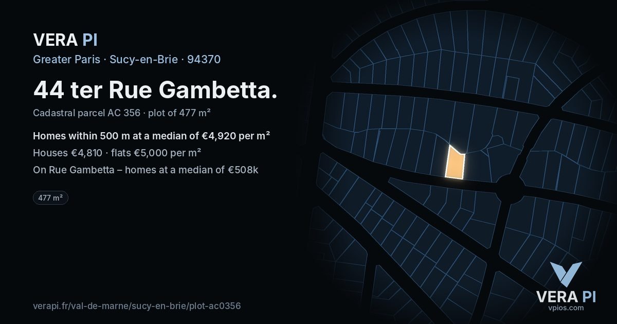 44 ter Rue Gambetta, Sucy-en-Brie at night – the plot lit, the parcels around coloured by the prices near them
