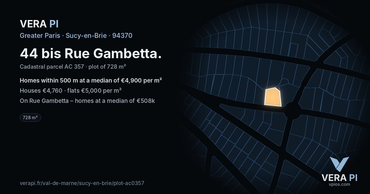 44 bis Rue Gambetta, Sucy-en-Brie at night – the plot lit, the parcels around coloured by the prices near them