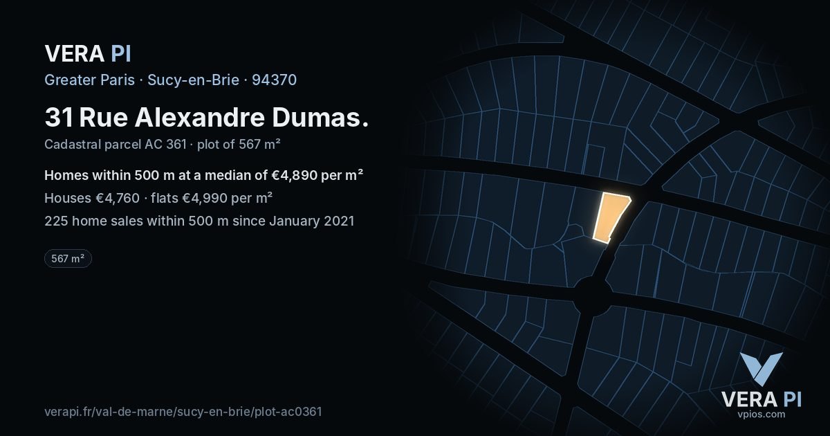 31 Rue Alexandre Dumas, Sucy-en-Brie at night – the plot lit, the parcels around coloured by the prices near them