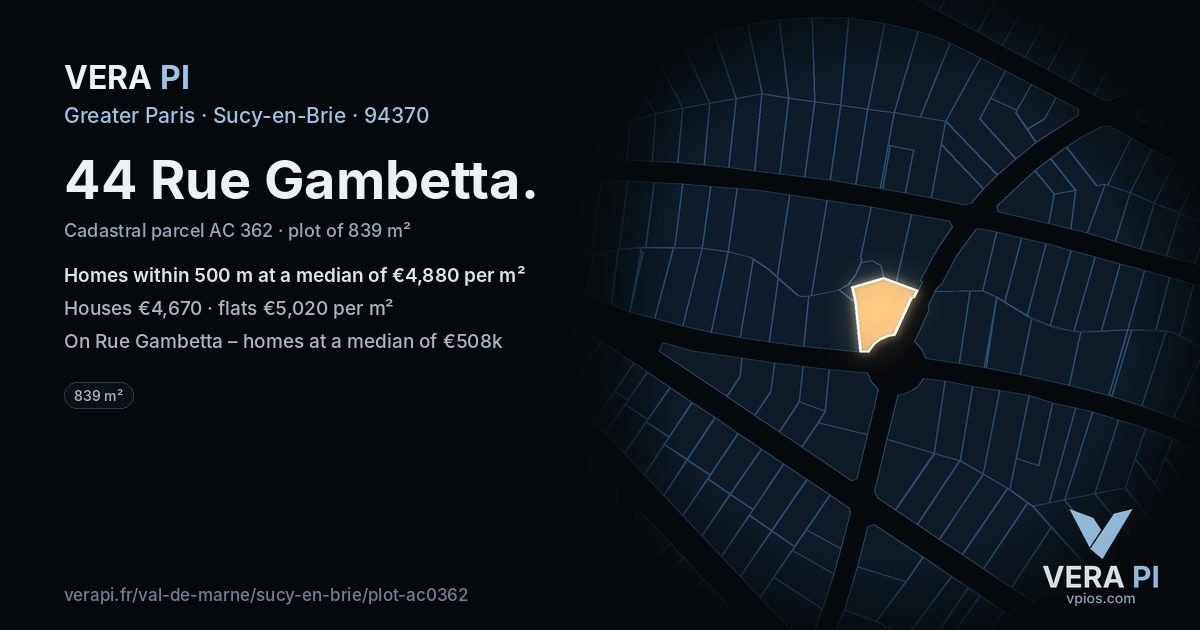 44 Rue Gambetta, Sucy-en-Brie at night – the plot lit, the parcels around coloured by the prices near them