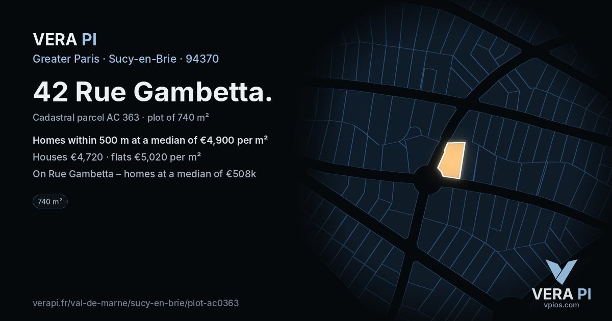 42 Rue Gambetta, Sucy-en-Brie at night – the plot lit, the parcels around coloured by the prices near them