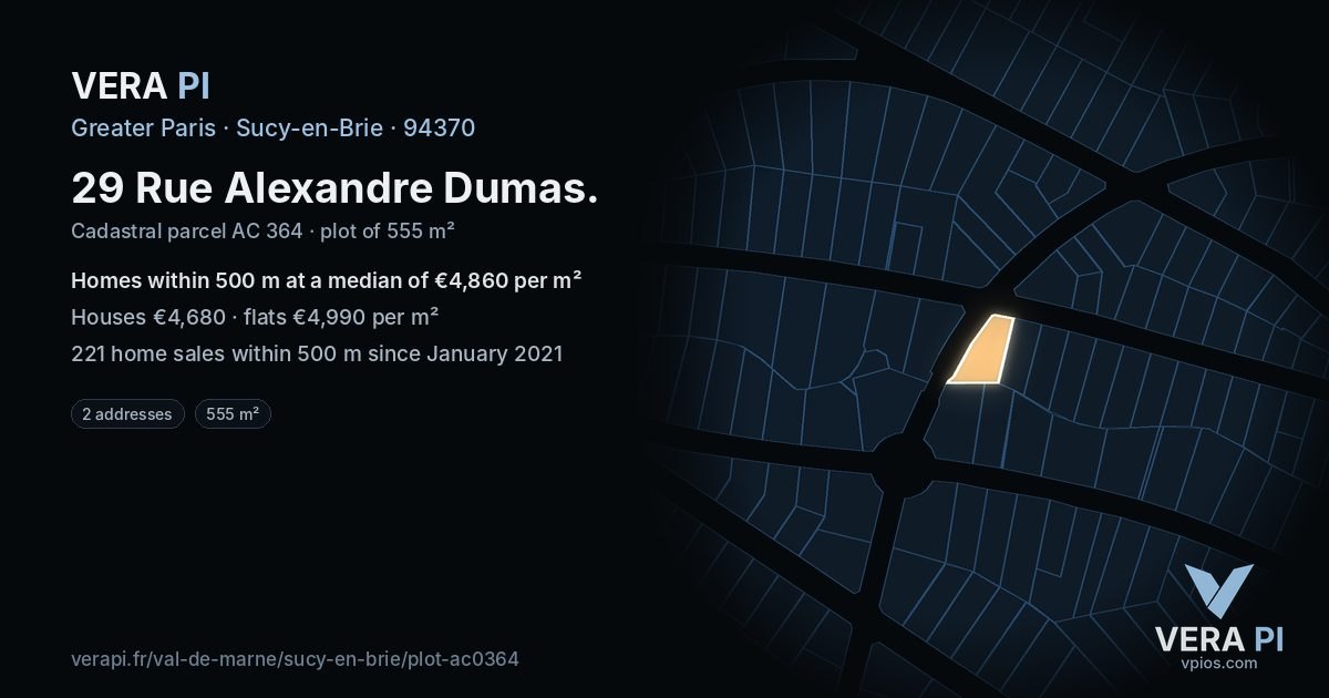 29 Rue Alexandre Dumas, Sucy-en-Brie at night – the plot lit, the parcels around coloured by the prices near them