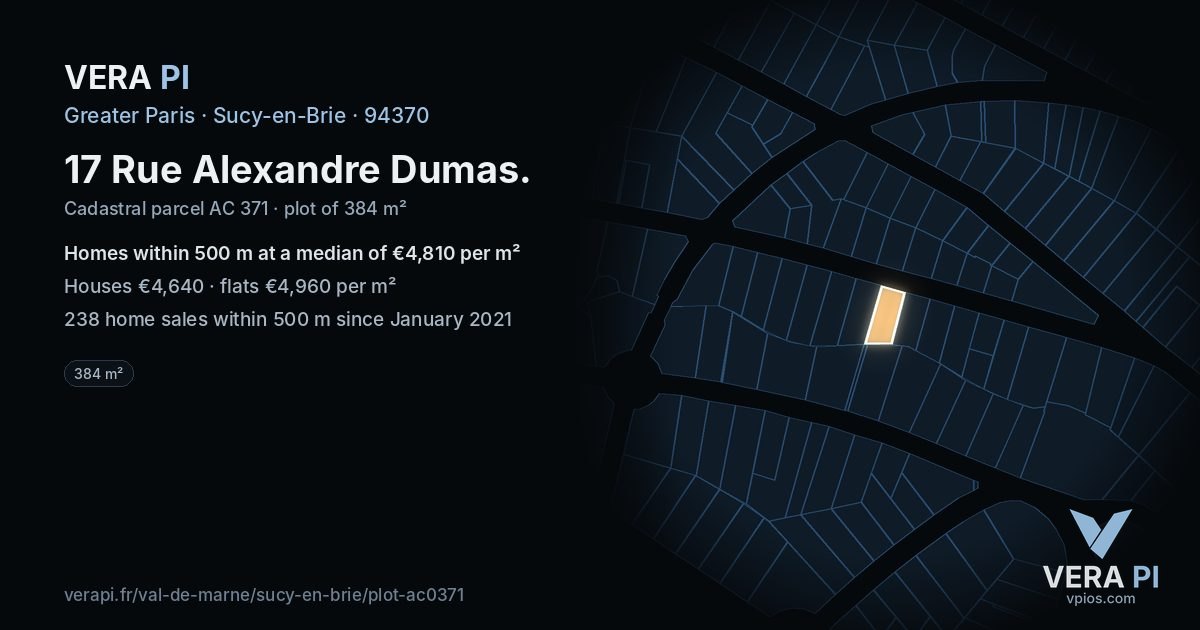 17 Rue Alexandre Dumas, Sucy-en-Brie at night – the plot lit, the parcels around coloured by the prices near them