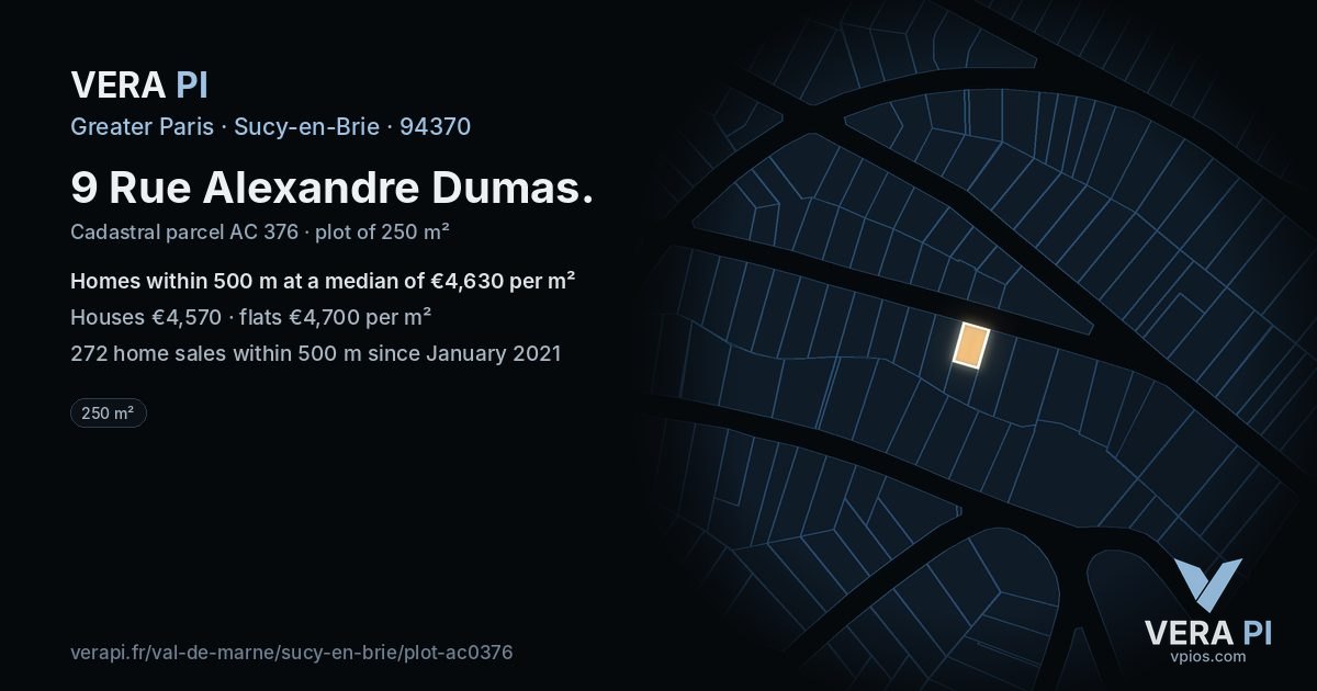 9 Rue Alexandre Dumas, Sucy-en-Brie at night – the plot lit, the parcels around coloured by the prices near them