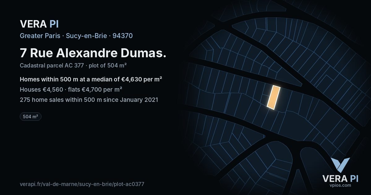7 Rue Alexandre Dumas, Sucy-en-Brie at night – the plot lit, the parcels around coloured by the prices near them
