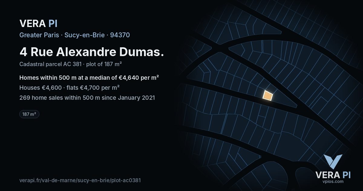4 Rue Alexandre Dumas, Sucy-en-Brie at night – the plot lit, the parcels around coloured by the prices near them