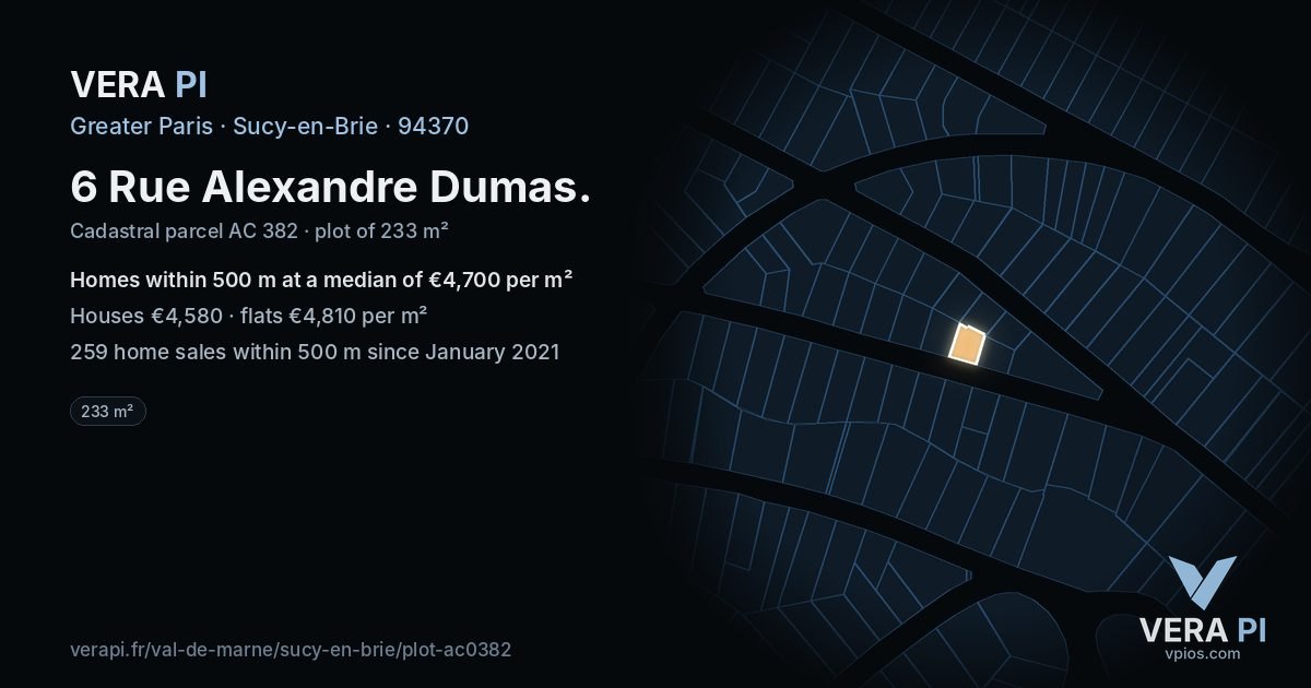 6 Rue Alexandre Dumas, Sucy-en-Brie at night – the plot lit, the parcels around coloured by the prices near them