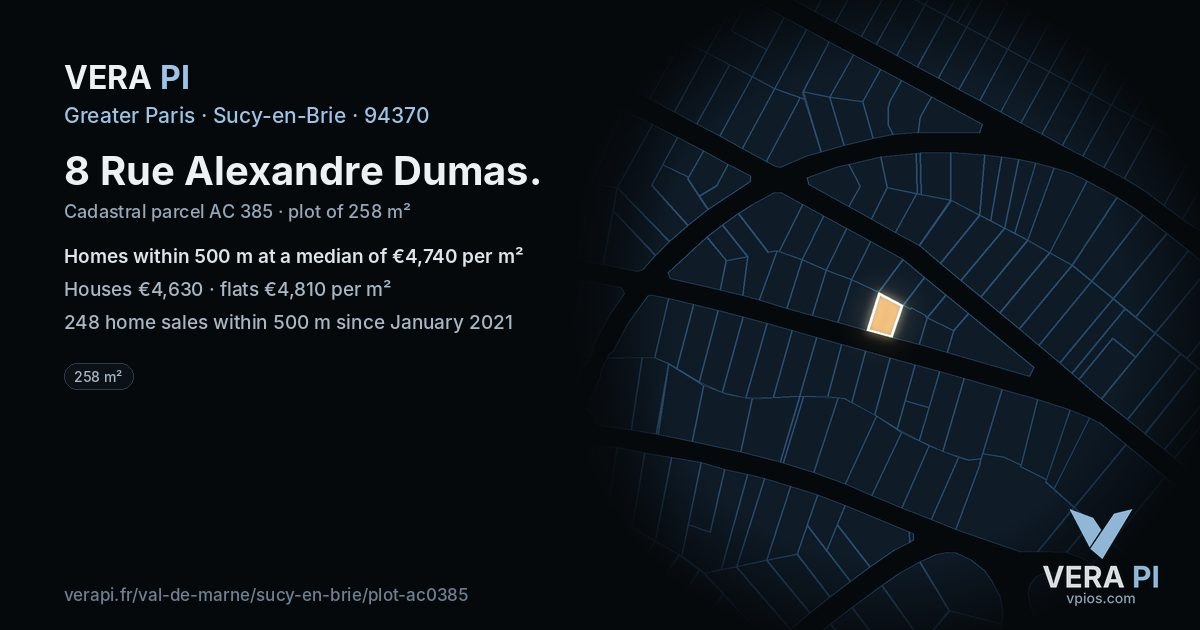 8 Rue Alexandre Dumas, Sucy-en-Brie at night – the plot lit, the parcels around coloured by the prices near them