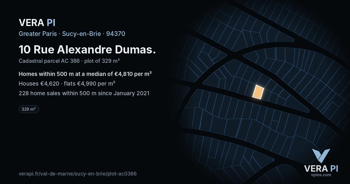 10 Rue Alexandre Dumas, Sucy-en-Brie at night – the plot lit, the parcels around coloured by the prices near them