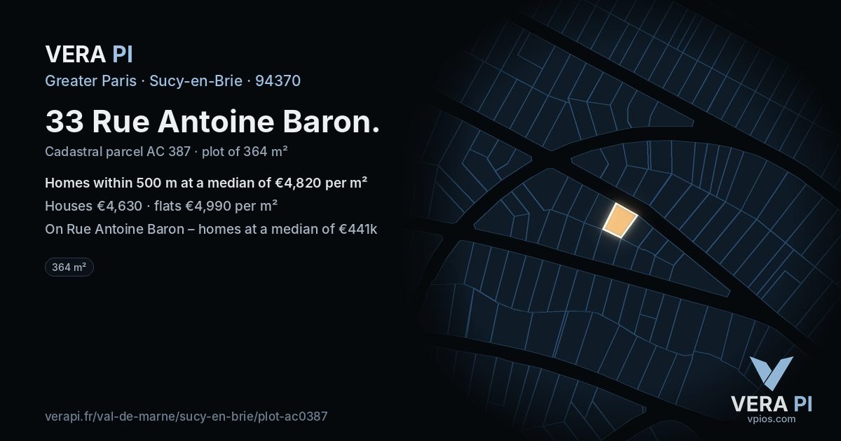 33 Rue Antoine Baron, Sucy-en-Brie at night – the plot lit, the parcels around coloured by the prices near them