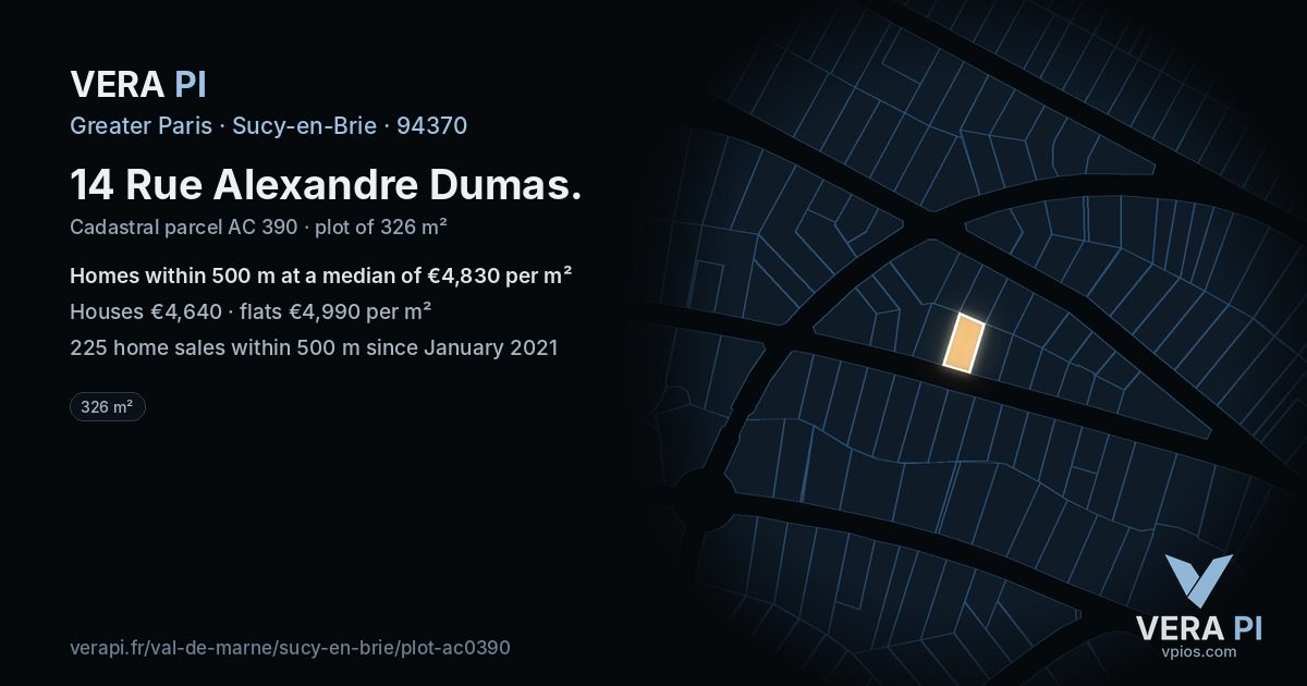 14 Rue Alexandre Dumas, Sucy-en-Brie at night – the plot lit, the parcels around coloured by the prices near them