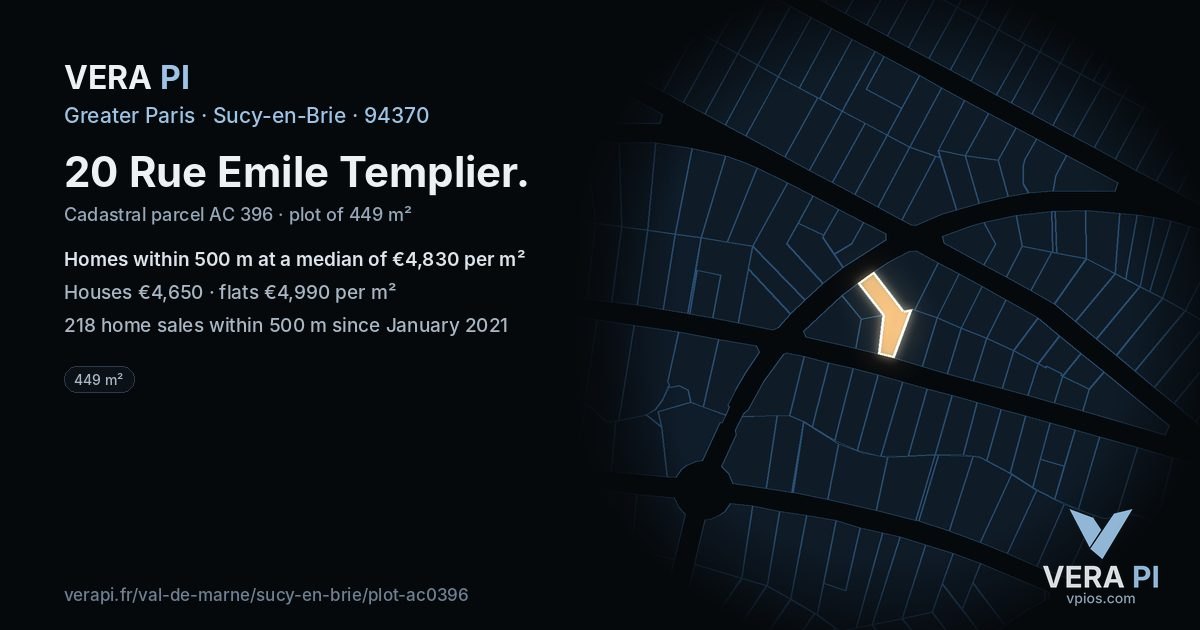 20 Rue Emile Templier, Sucy-en-Brie at night – the plot lit, the parcels around coloured by the prices near them