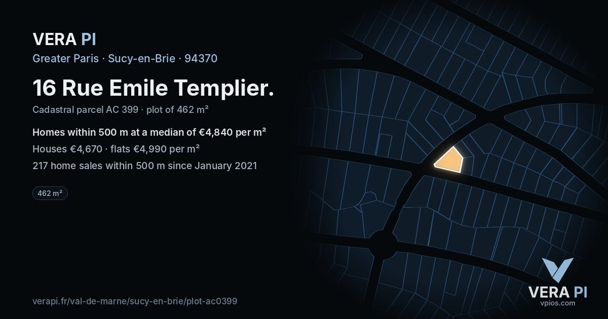 16 Rue Emile Templier, Sucy-en-Brie at night – the plot lit, the parcels around coloured by the prices near them