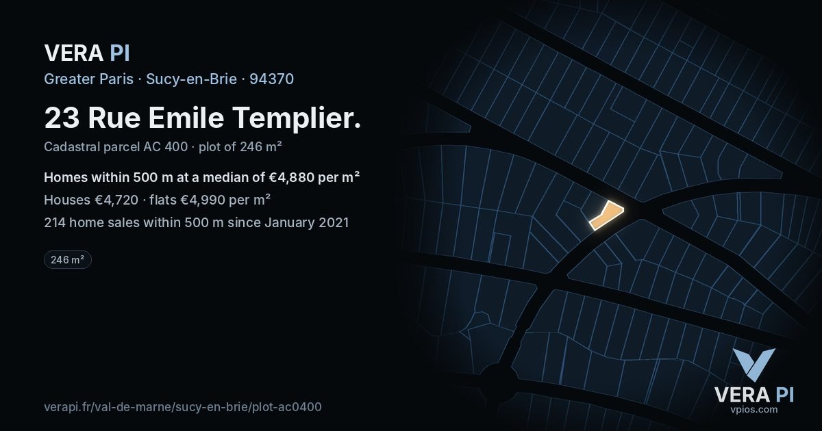 23 Rue Emile Templier, Sucy-en-Brie at night – the plot lit, the parcels around coloured by the prices near them