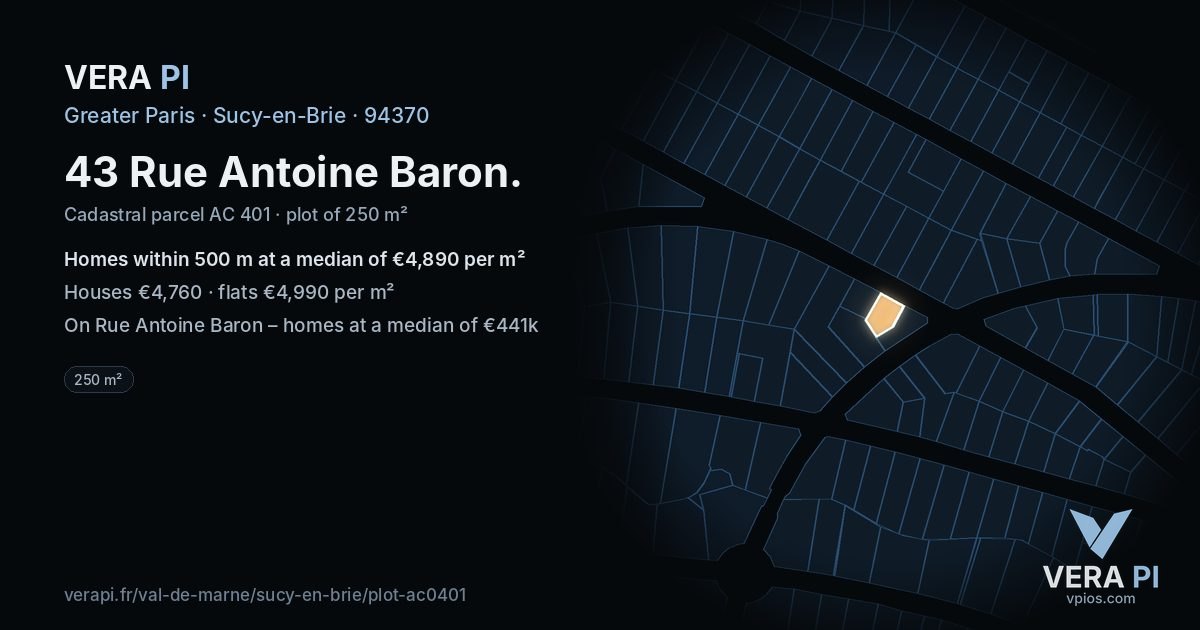 43 Rue Antoine Baron, Sucy-en-Brie at night – the plot lit, the parcels around coloured by the prices near them