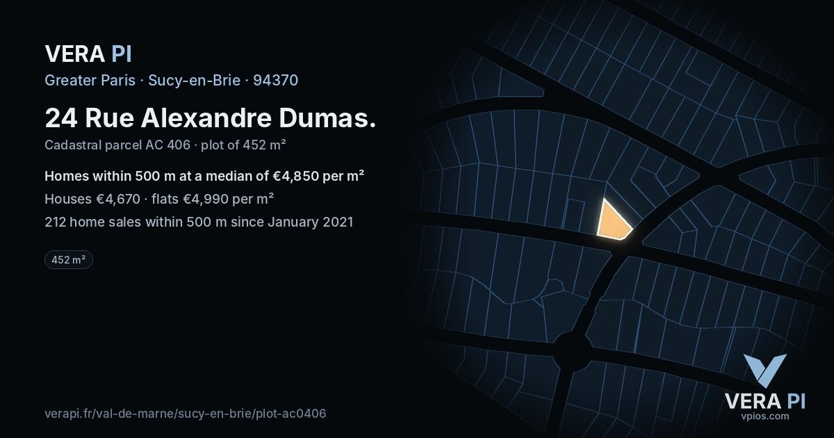 24 Rue Alexandre Dumas, Sucy-en-Brie at night – the plot lit, the parcels around coloured by the prices near them