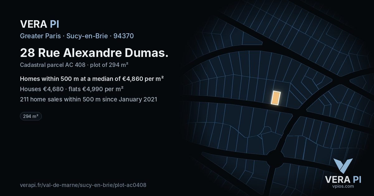 28 Rue Alexandre Dumas, Sucy-en-Brie at night – the plot lit, the parcels around coloured by the prices near them