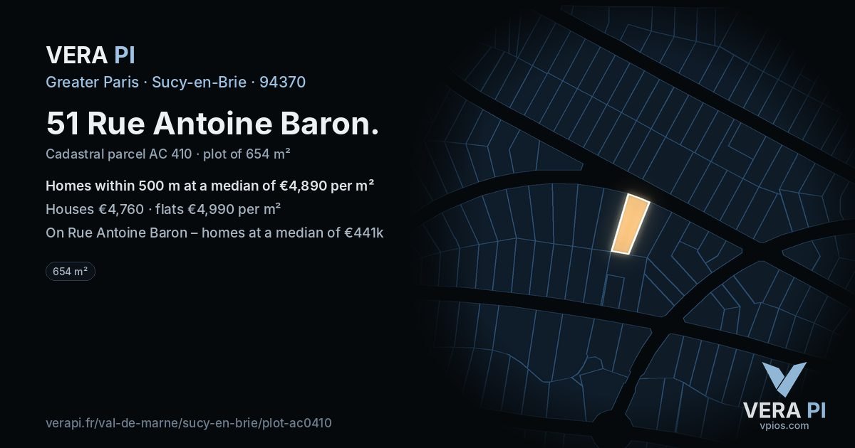 51 Rue Antoine Baron, Sucy-en-Brie at night – the plot lit, the parcels around coloured by the prices near them
