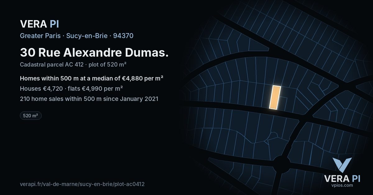 30 Rue Alexandre Dumas, Sucy-en-Brie at night – the plot lit, the parcels around coloured by the prices near them
