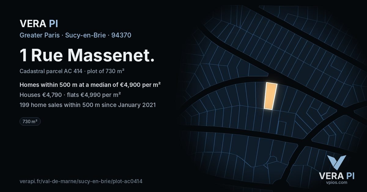 1 Rue Massenet, Sucy-en-Brie at night – the plot lit, the parcels around coloured by the prices near them