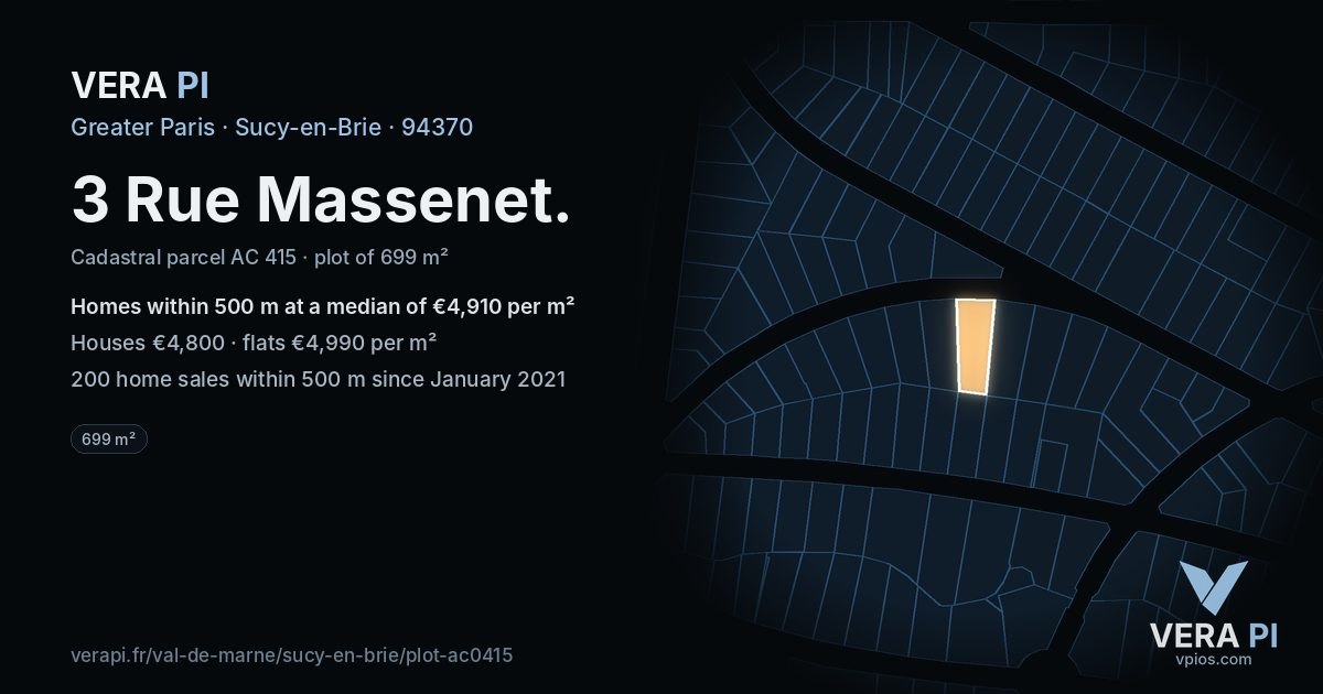 3 Rue Massenet, Sucy-en-Brie at night – the plot lit, the parcels around coloured by the prices near them
