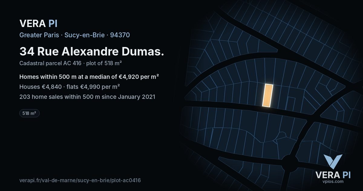 34 Rue Alexandre Dumas, Sucy-en-Brie at night – the plot lit, the parcels around coloured by the prices near them