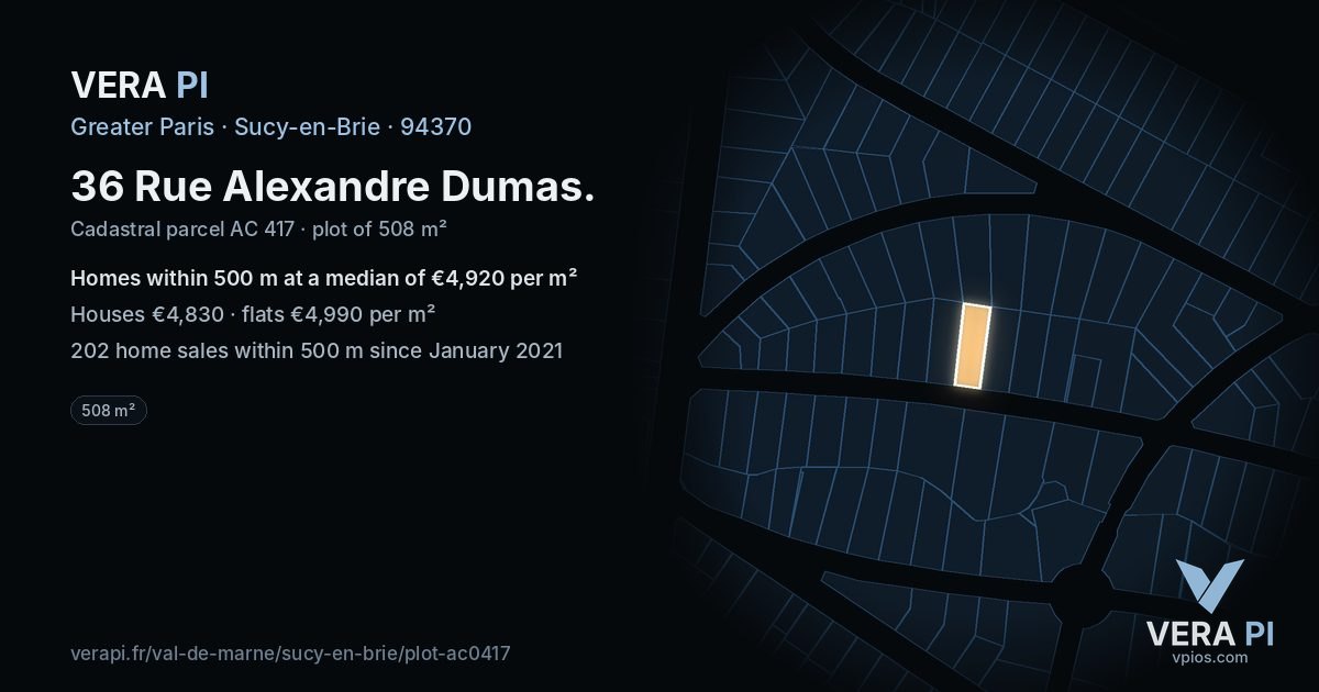36 Rue Alexandre Dumas, Sucy-en-Brie at night – the plot lit, the parcels around coloured by the prices near them