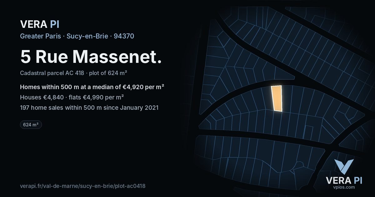 5 Rue Massenet, Sucy-en-Brie at night – the plot lit, the parcels around coloured by the prices near them