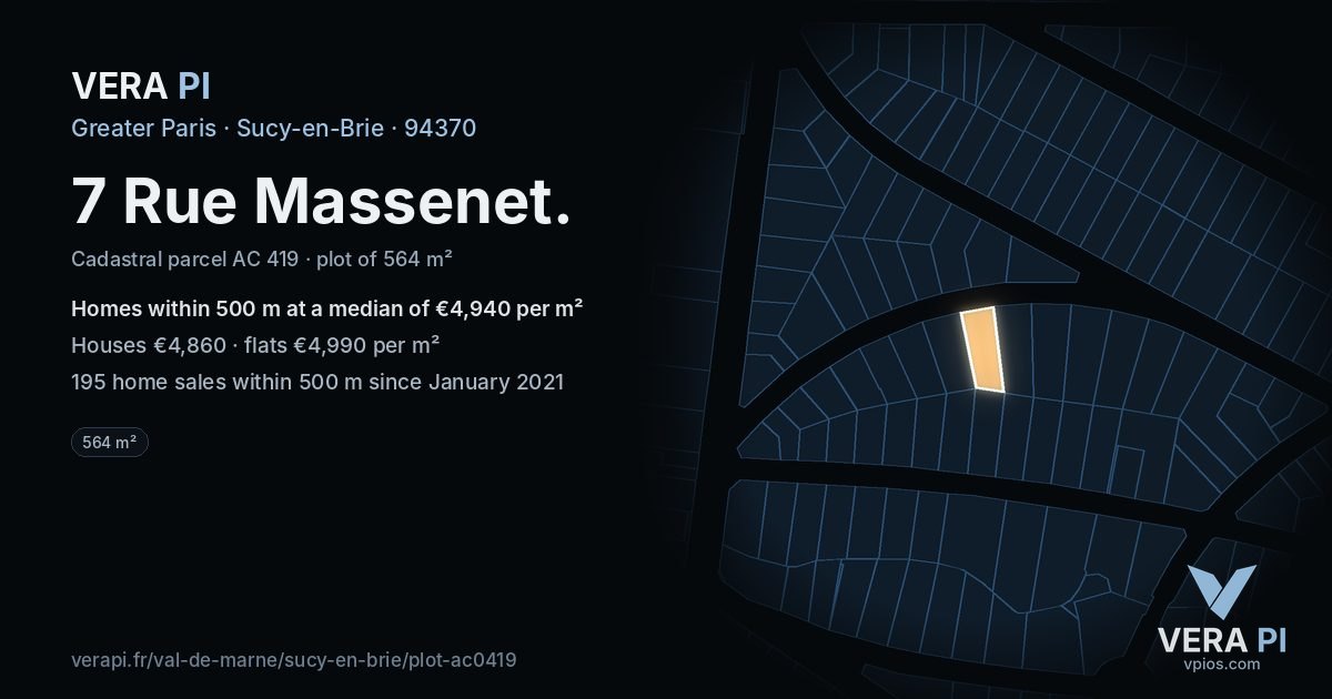 7 Rue Massenet, Sucy-en-Brie at night – the plot lit, the parcels around coloured by the prices near them