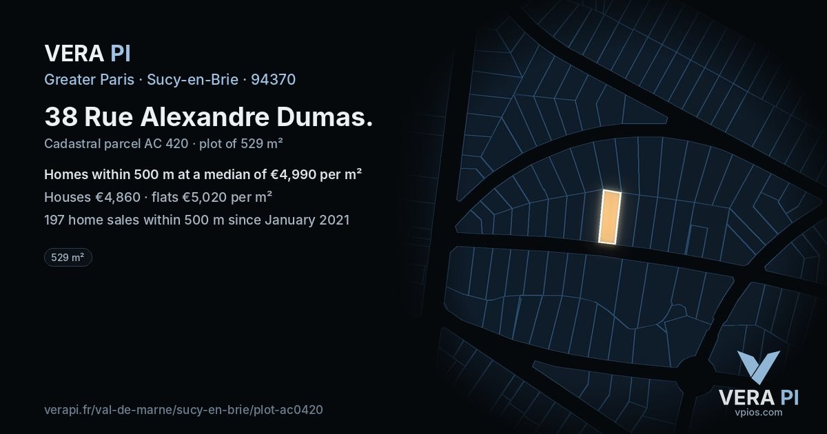 38 Rue Alexandre Dumas, Sucy-en-Brie at night – the plot lit, the parcels around coloured by the prices near them