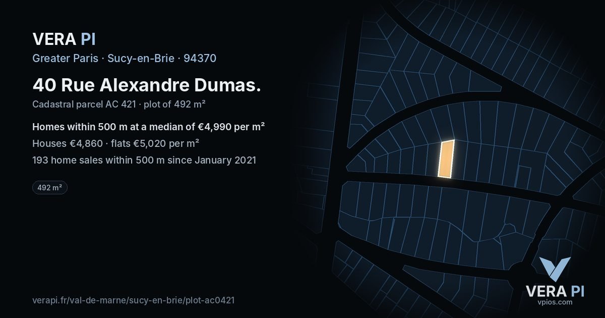 40 Rue Alexandre Dumas, Sucy-en-Brie at night – the plot lit, the parcels around coloured by the prices near them