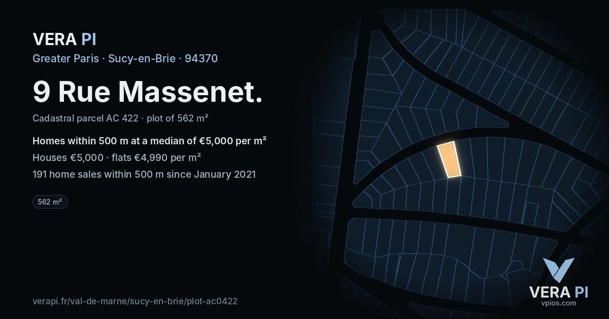 9 Rue Massenet, Sucy-en-Brie at night – the plot lit, the parcels around coloured by the prices near them