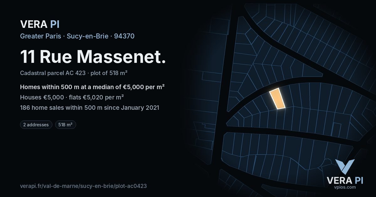 11 Rue Massenet, Sucy-en-Brie at night – the plot lit, the parcels around coloured by the prices near them