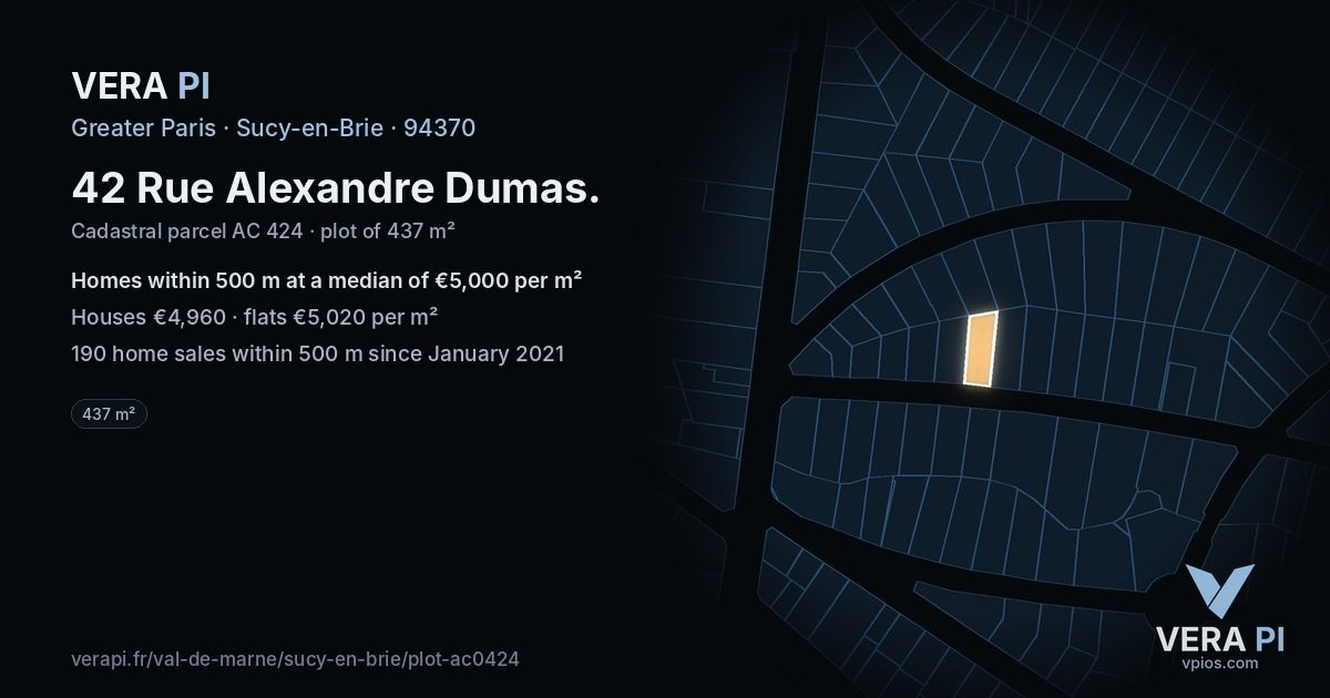 42 Rue Alexandre Dumas, Sucy-en-Brie at night – the plot lit, the parcels around coloured by the prices near them