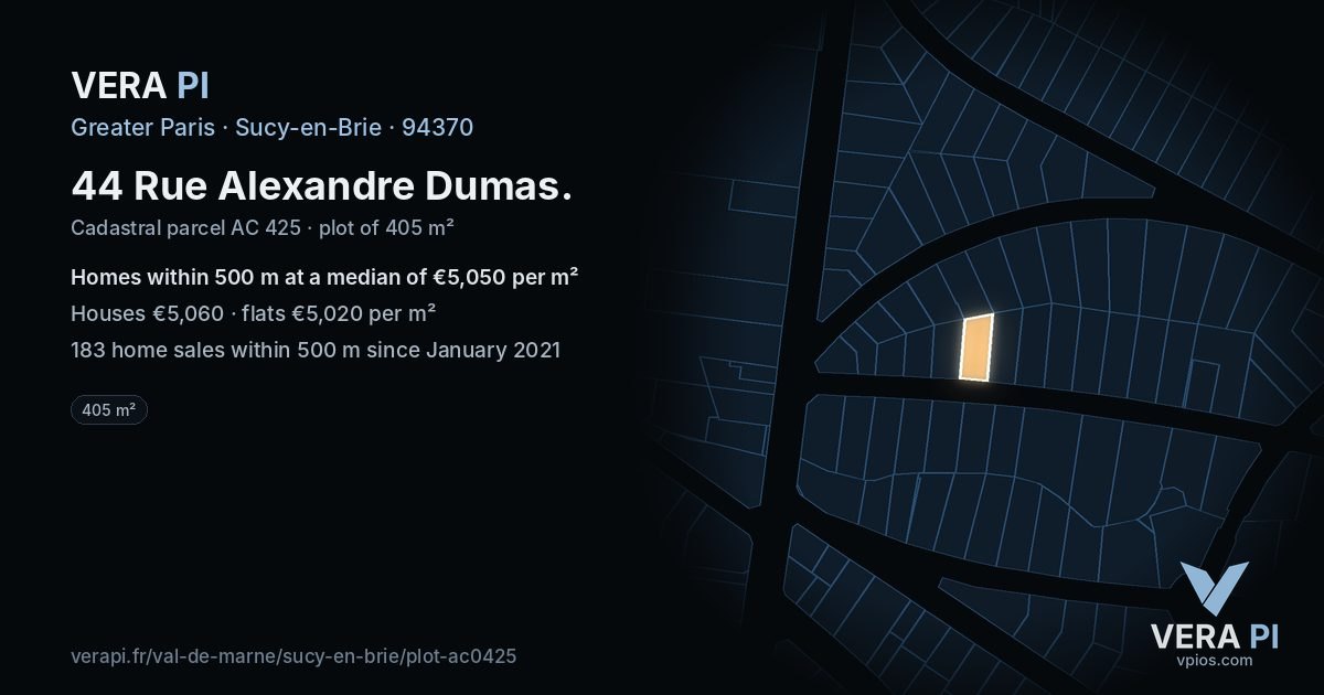 44 Rue Alexandre Dumas, Sucy-en-Brie at night – the plot lit, the parcels around coloured by the prices near them
