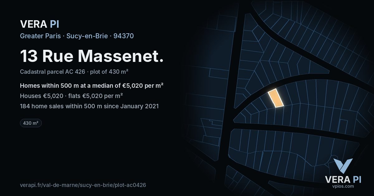 13 Rue Massenet, Sucy-en-Brie at night – the plot lit, the parcels around coloured by the prices near them