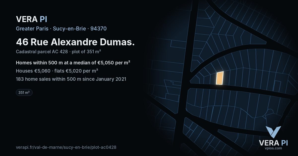 46 Rue Alexandre Dumas, Sucy-en-Brie at night – the plot lit, the parcels around coloured by the prices near them